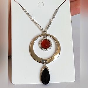 Vintage Boho Garnet Black Onyx Sterling Silver Geometric Circle Pendant Necklace